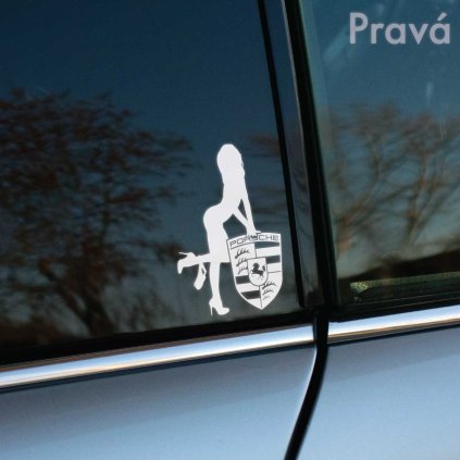 Vyrezávaná samolepka siluety ženy opierajúcej sa o logo Porsche, určená pre pravú stranu vozidla.
