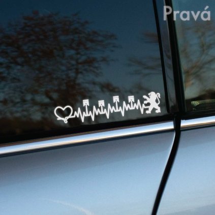 Nálepka Peugeot s EKG krivkou, srdcom a piestami, vhodná na pravú stranu auta.