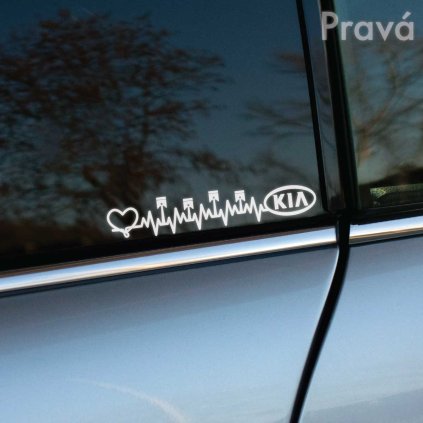 Plotrovaná nálepka EKG tep srdce, štyri piesty motora a oválne logo KIA v minimalistickom čistom líniovom dizajne.