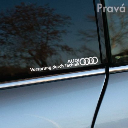 Plotrovaná nálepka s logom Audi a sloganom „Vorsprung durch Technik“, minimalistický a elegantný dizajn pre pravú stranu.
