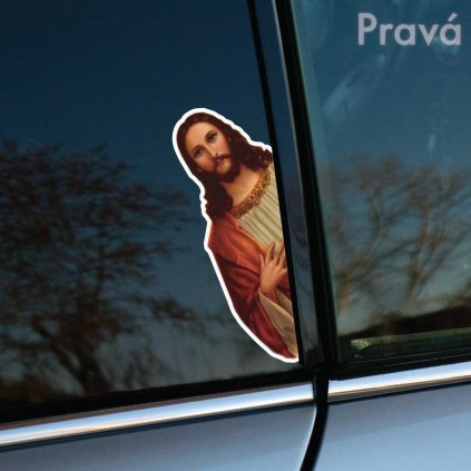 Tlačená nálepka na auto s realistickým vyobrazením Ježiša Krista, určená na pravú stranu okna alebo karosérie.