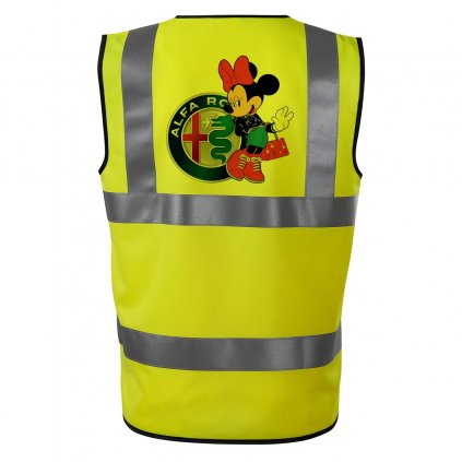 Reflexná vesta s potlačou Minnie Mouse pri logu Alfa Romeo, oblečená v modrej sukni a s červenou mašľou.