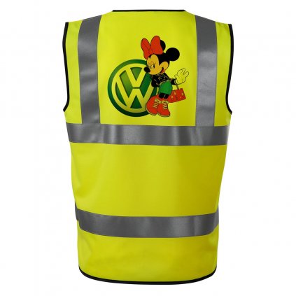 Reflexná vesta s potlačou Minnie Mouse pri modrom logu Volkswagen, postavička s červenou mašľou a kabelkou na chrbte.