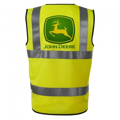 Reflexná vesta s veľkou potlačou loga John Deere na chrbte, zeleno-žltý jeleň v skoku v zelenom erbe.