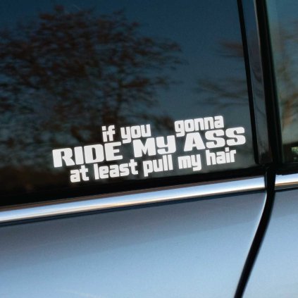 Plotrovaná nálepka s trojriadkovým anglickým textom. Presný nápis: if you gonna RIDE MY ASS at least pull my hair.1989 Ride My Ass