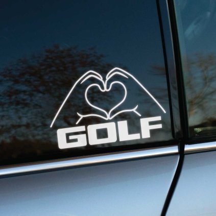 Plotrovaná nálepka s motívom rúk vytvárajúcich srdce a výrazným nápisom Golf.