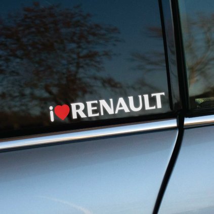 Plotrovaná nálepka s textom „I ♥ RENAULT“ a červeným srdiečkom. Skvelá nálepka na auto pre fanúšikov značky Renault.