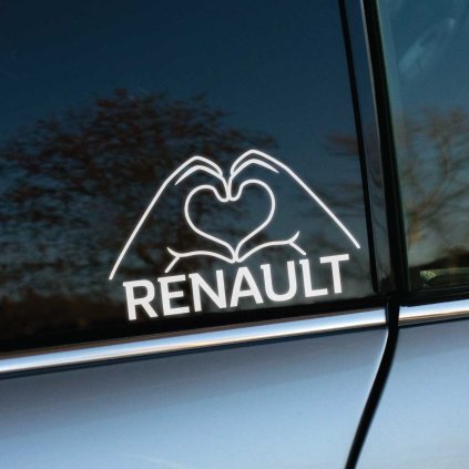 Nálepka na aute Renault zobrazuje biele kontúry rúk, ktoré tvoria tvar srdca, spolu s nápisom "RENAULT" pod nimi. Táto štýlová a moderná nálepka je ideálnym doplnkom pre všetkých majiteľov vozidiel Renault, ktorí chcú vyjadriť svoju lásku k tejto automobilovej značke. Skvelý spôsob, ako personalizovať svoje auto a zvýrazniť vašu oddanosť a vášeň pre značku Renault.