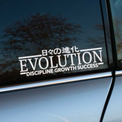 Plotrovaná nálepka Evolution s nápisom „Discipline growth success“ a japonskými znakmi, moderná motivačná nálepka na auto.