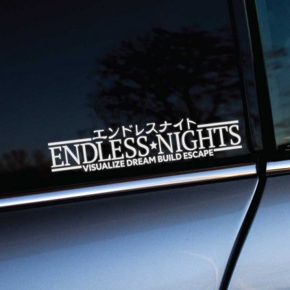 Plotrovaná nálepka Endless Nights s textom „Visualize dream build escape“ a japonskými znakmi, vhodná na štýlové auto.