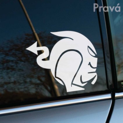 Plotrovaná nálepka hlavy diabla s rohom a šípovým chvostom, určená pre pravú stranu.