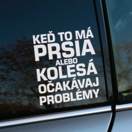 Biela nálepka s vtipným textom „Keď to má prsia alebo kolesá, očakávaj problémy“ je nalepená na okne auta. Tento humorný nápis so štipkou irónie spája dve obľúbené témy – autá a ženy, pričom odkazuje na stereotyp, že obe môžu byť zdrojom nečakaných komplikácií. Je to skvelý doplnok pre vodičov, ktorí chcú pridať svojmu autu osobitý charakter a trochu zábavy, pričom pritiahne pozornosť a pobaví ostatných vodičov či okoloidúcich.