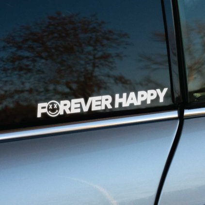 Plotrovaná nálepka Forever Happy s úsmevným smiley motívom, doplnok na auto pre pozitívne naladených vodičov.