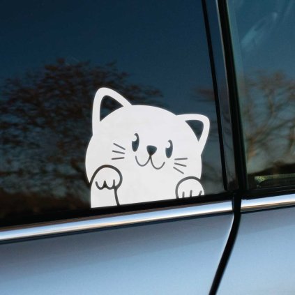 Plotrovaná nálepka na auto s kreslenou mačkou s labkami na skle, vyrezaná z jednofarebnej fólie pre vonkajšie použitie.