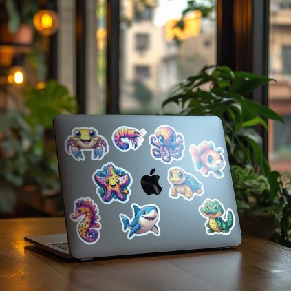Notebook Apple ozdobený farebnými nálepkami morských zvierat, ktoré zahŕňajú kraba, chobotnicu, morského koníka, hviezdicu, žraloka, korytnačku, rybičku, garnáta a roztomilého krokodíla. Tieto veselé ilustrácie podmorských tvorov dodávajú notebooku hravý a dobrodružný vzhľad, ideálny pre milovníkov oceánu a podvodného sveta. Perfektná personalizácia pre každého, kto túži po farebnom a jedinečnom dizajne s nádychom prírody a mora.