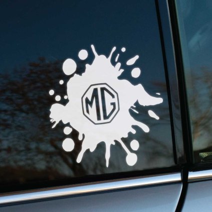 Plotrovaná nálepka v tvare rozstreknutej kvapky s logom MG v strede. Štýlový doplnok na auto pre fanúšikov tejto značky.