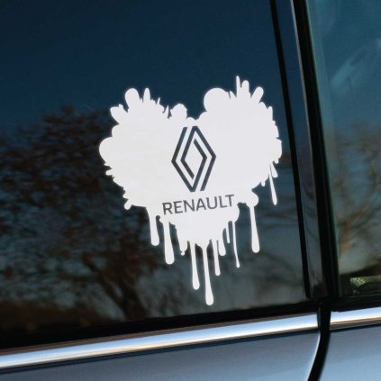 Plotrovaná nálepka v tvare stekajúceho srdca s novým logom Renault. Moderný autodoplnok pre fanúšikov tejto francúzskej značky.