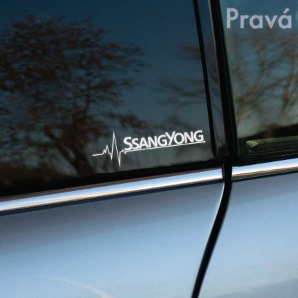 Plotrovaná nálepka s logom SsangYong a pulzujúcou EKG krivkou, symbolizujúcou spojenie vodiča s cestou a off-roadovým životným štýlom. Variant pre pravú stranu.