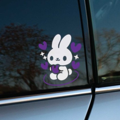 Plotrovaná nálepka zajačika so srdiečkami a fialovými prvkami, dvojfarebný motív ideálny pre fanúšikov cute estetiky.