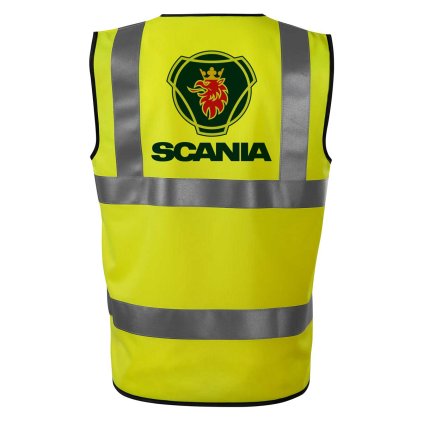 Reflexná vesta s veľkou potlačou loga Scania na chrbte, červený lev s korunou v zelenom erbe a názvom značky.