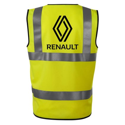 Reflexná vesta s veľkou čiernou potlačou loga Renault na chrbte, nový diamantový symbol s názvom značky.