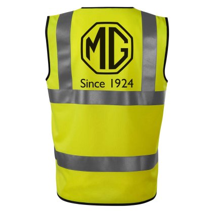 Reflexná vesta s čiernou potlačou loga MG v osemuholníku a textom „Since 1924“ na chrbte, klasický retro štýl.