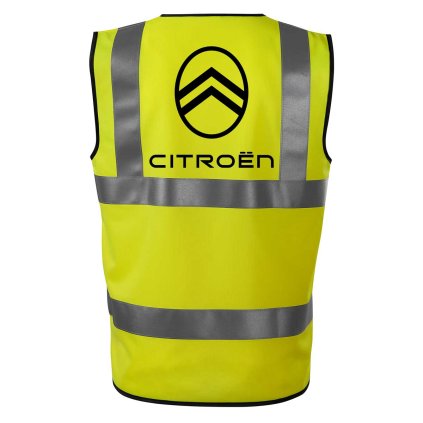 Reflexná vesta s veľkou čiernou potlačou loga Citroën na chrbte, oválny rám s dvojitou šípkou a názvom značky.