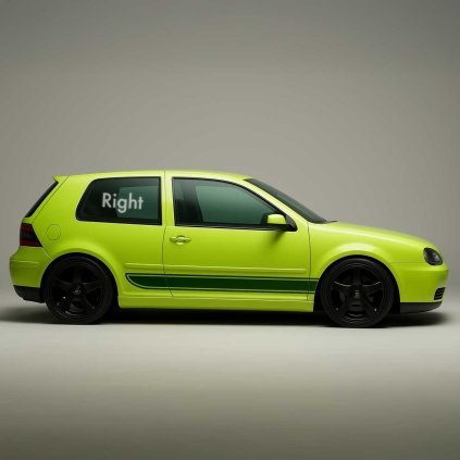 Plotrovaná nálepka na pravú stranu auta s dvojitým pásom a zaobleným zakončením, ideálna pre dynamický vzhľad karosérie.