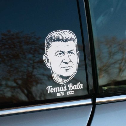 Plotrovaná nálepka Tomáš Baťa s portrétom v linorytovom štýle a rokmi 1876–1932, originálna nálepka na auto s historickým motívom.
