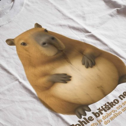 Potlač na tričku s ilustráciou kapybary a českým textom o brušku plnom dobra na bielom textile.