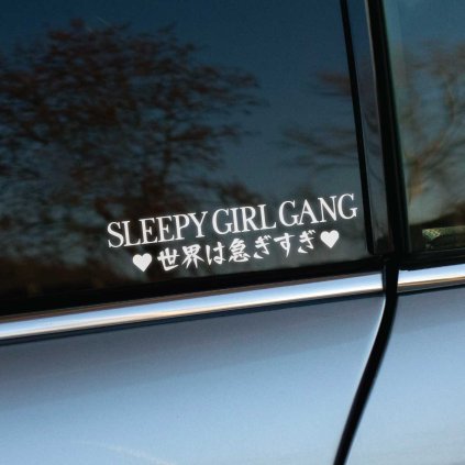 Plotrovaná nálepka s nápisom „Sleepy Girl Gang“ a japonským textom, doplnená srdiečkami v roztomilom a rebelskom štýle.