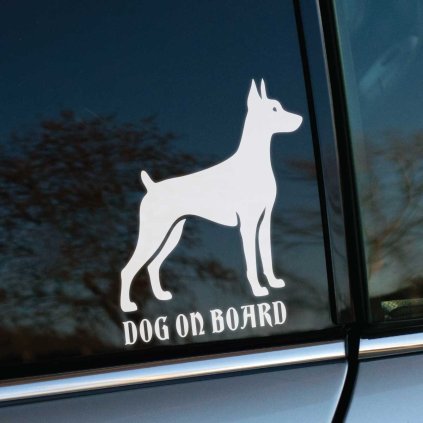 Plotrovaná nálepka na auto s ostrým obrysom dobermana a anglickým textom „Dog on Board“, vhodná pre výrazné označenie.