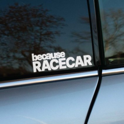 Plotrovaná nálepka na auto s textom „because RACECAR“ v kontrastnom dvojriadkovom prevedení, ideálna pre tuningových nadšencov.
