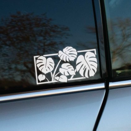Plotrovaná nálepka na auto s listami monstery v obdĺžnikovom ráme, moderný botanický motív pre milovníkov rastlín.