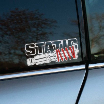 Plotrovaná nálepka na auto s nápisom STATIC a detailným motívom tlmiča so špirálovou pružinou, ideálna pre tuning štýl.