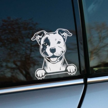 Plotrovaná nálepka usmiaty pitbull s labkami na okraji, detailne kreslený motív ideálny ako nálepka na auto pre milovníkov psov.