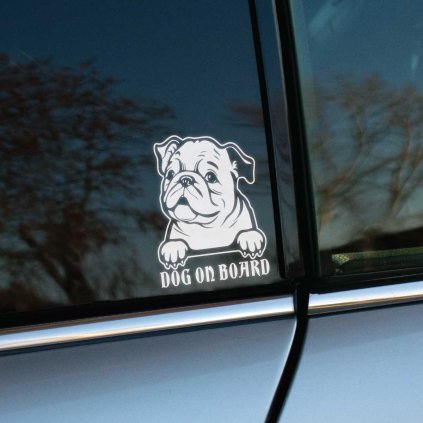 Plotrovaná nálepka psíka (buldog) vykukujúceho z okna s textom "DOG ON BOARD", roztomilý a výrazný zvierací motív.