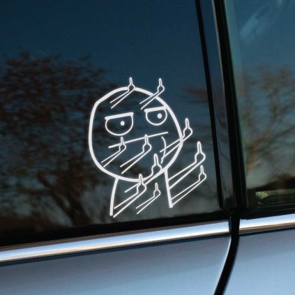 Plotrovaná nálepka známej meme postavy s množstvom vztýčených prostredníkov, vtipný a provokatívny kreslený motív.