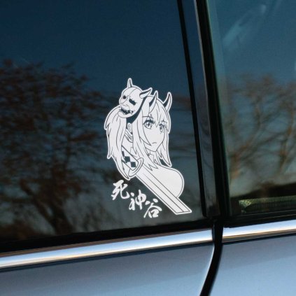 Plotrovaná nálepka, kreslená postavička, anime dievča **Shinigami** s maskou Oni, mečom a japonským textom pod logom.