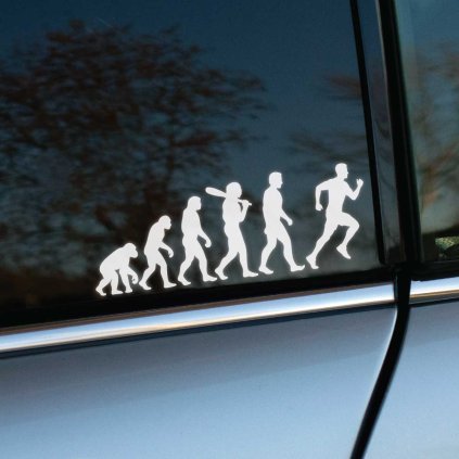 Plotrovaná nálepka s evolučnou siluetou vrcholiacou bežcom v dynamickom postoji ako energický športový motív pre milovníkov behu.