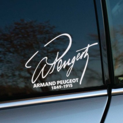 Plotrovaná nálepka s kaligrafickým podpisom Armanda Peugeota a dátumami 1849–1915 ako elegantný motív na auto, štýlový akcent