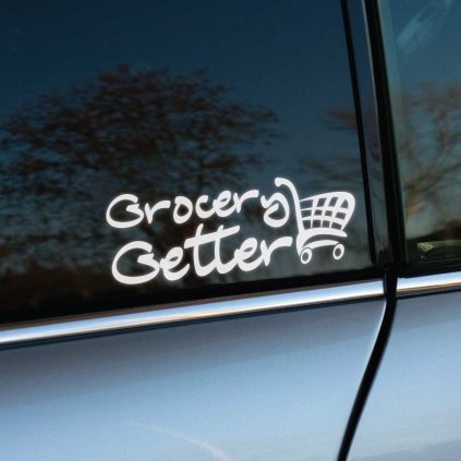 Plotrovaná nálepka s nápisom „Grocery Getter“ a vozíkom, vtipná nálepka na auto pre každodenné jazdenie s nadhľadom.