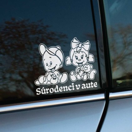 Plotrovaná nálepka brata v šiltovke so psíkom a sestry s mašľou a macíkom, nápis v presnom znení Súrodenci v aute.