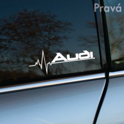 Plotrovaná nálepka na auto s logom Audi a grafickým motívom EKG línie symbolizujúcej vášeň pre jazdu.