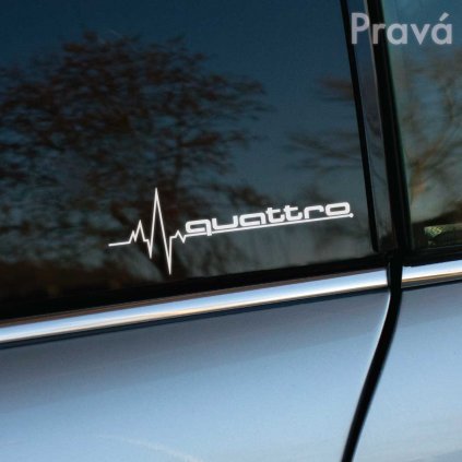 Štýlová nálepka "quattro" na zadnom okne automobilu Audi, zvýrazňujúca jeho športový a dynamický charakter. Biela grafika EKG línie vedľa nápisu "quattro" na čiernom podklade dokonale ladí s moderným dizajnom vozidla. Ideálny doplnok pre majiteľov Audi, ktorí chcú svojmu autu dodať jedinečný vzhľad a zvýrazniť jeho výkonové schopnosti. Perfektná voľba pre každého fanúšika značky Audi.