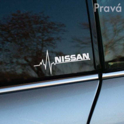 Nálepka na auto s nápisom "NISSAN" a grafickým zobrazením EKG vlny je umiestnená na pravom bočnom okne strieborného vozidla Nissan. Táto moderná a výrazná nálepka dodáva autu jedinečný vzhľad a je ideálna pre fanúšikov značky Nissan, ktorí chcú svojmu vozidlu pridať osobitý štýl. Pozadie s rozmazanou prírodnou scenériou zvýrazňuje dynamiku a pohyb, charakteristické pre vozidlá Nissan. Perfektný doplnok pre každého, kto hľadá originálny a štýlový dizajn pre svoje auto.
