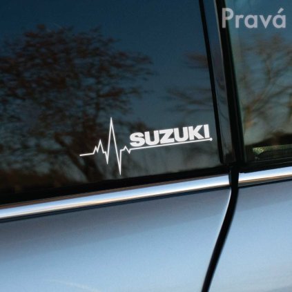 Nálepka na auto značky Suzuki s motívom EKG línie je nalepená na okne sivého automobilu. Tento moderný a dynamický dizajn pridáva vozidlu osobitý vzhľad, ktorý vyjadruje vášeň majiteľa pre značku Suzuki. Samolepky na auto sú perfektným spôsobom, ako prispôsobiť vzhľad svojho vozidla a zvýrazniť jeho jedinečnosť na cestách.