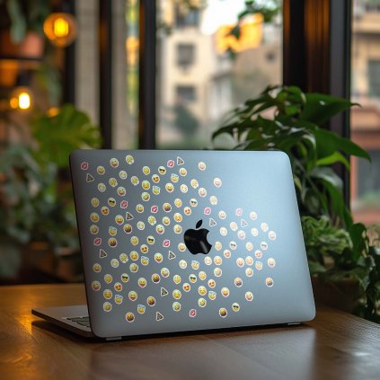 Pootvorený MacBook na stole, husto polepený malými emoji samolepkami v špirálovom vzore, umiestnený pri okne s izbovými rastlinami.