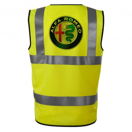 Potlač na reflexnej veste na chrbte s veľkým logom Alfa Romeo, motív zeleného hada a červeného kríža v kruhu.