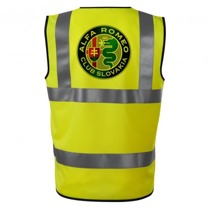 Potlač na reflexnej veste na chrbte s logom Alfa Romeo Club Slovakia, had a znak Slovenska v kruhu na žltom podklade.